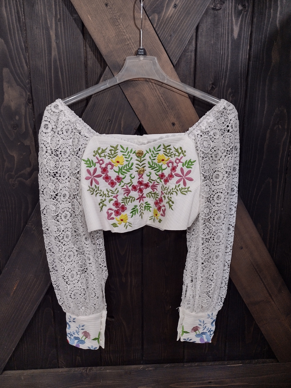 White Lace Off-Shoulder Crop Top with Floral Embroidery Sz Lg